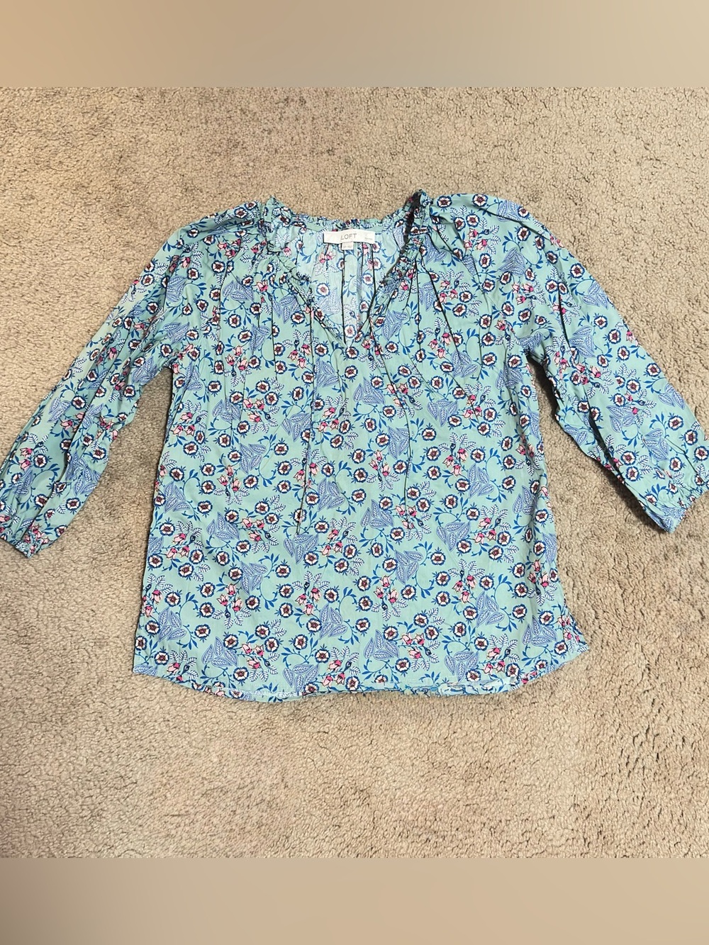 LOFT Light Blue Teal Floral Split-Neck Tie Blouse Women’s SIZE SP